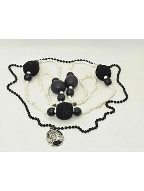 Lot of 2 Black and White Beaded Necklaces with Crochet Accent and Pendant
